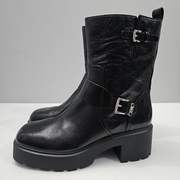 Michael Michael Kors Perry Moto Boot Womens 10 Black Crinkled Patent Leather NEW - Picture 1 of 15